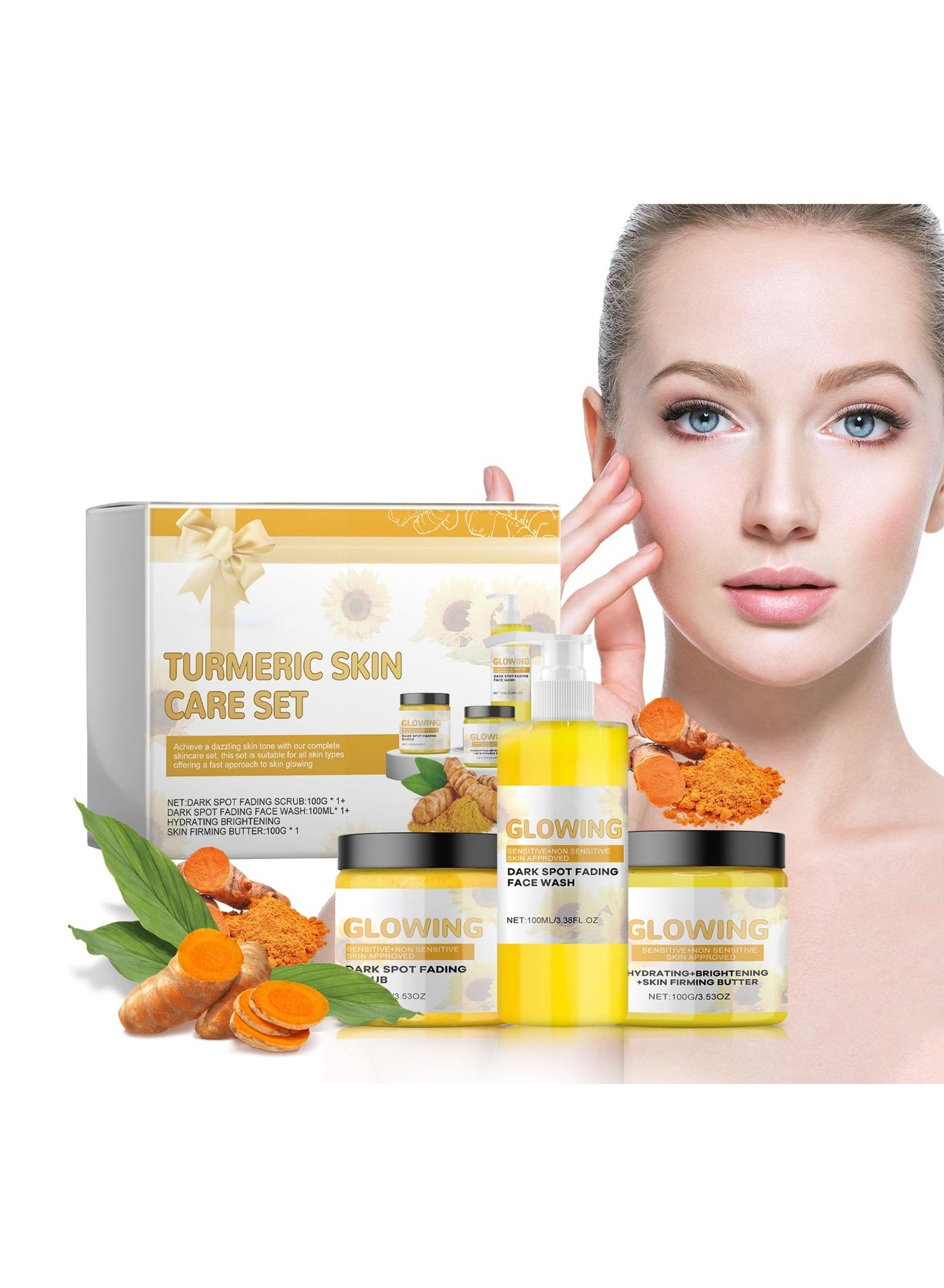 Turmeric Skin Care Set Anti Acne Dark Spot Whitening Soap Serum Scrub Cream Cleanser Face Skin Care Set