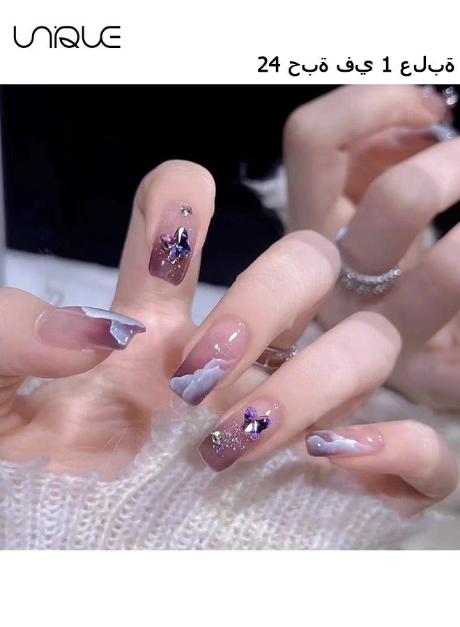 24Pcs Fake Nails, Press Nails, Mid-length Ballet Manicure - Shiny Cloud Manicure - Purple Laser Butterfly Gradient Manicure - Fake Nail Patch