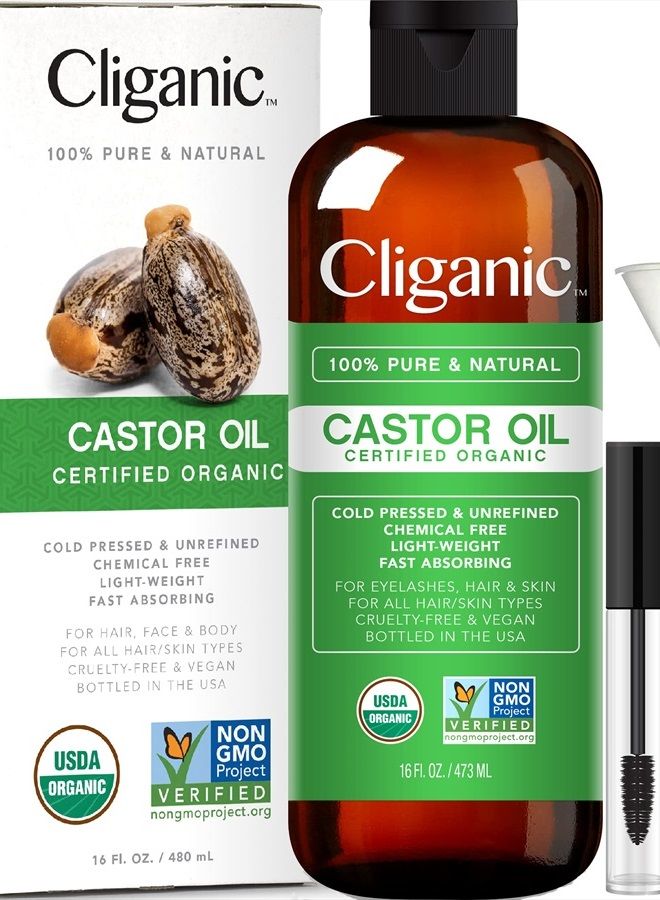 USDA Organic Castor Oil, 100% Pure (16oz with Eyelash Kit) - For Eyelashes, Eyebrows, Hair & Skin | Bulk, Natural Cold Pressed Unrefined Hexane-Free | DIY Carrier Oil