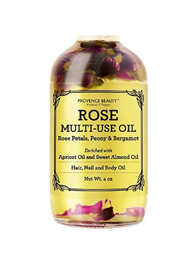 Multi-Use Oil for Face, Body and Hair - Organic Blend of Apricot, Vitamin E and Sweet Almond Oil Moisturizer for Dry Skin, Scalp and Nails - Rose Petals, and Bergamot Essential Oil - 4 Fl Oz