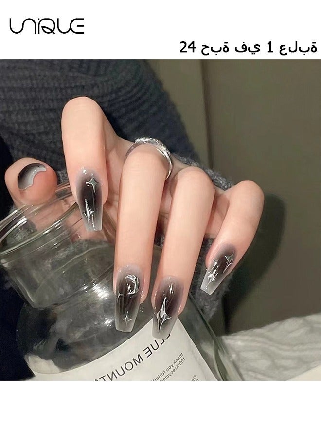 24 Pcs Fake Nails - Mid-Mid-length Ballet Manicure - Black Smudge Manicure - Silver Moon Star Manicure - Fake Nail Patch