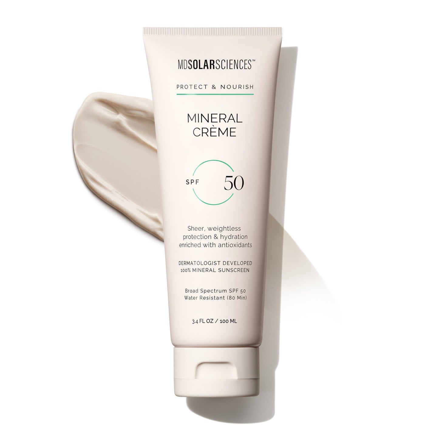MDSolarSciences Mineral CrÃ¨me Sunscreen SPF 50 | Water-Resistant, Broad Spectrum UV Protection | Zinc Oxide Formula with Antioxidants | No White Cast, Sheer Matte Finish for All Skin Types (3.4 Fl Oz)