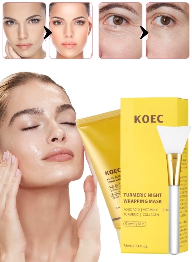 75ml Turmeric Night Wrapping Mask Kojic Acid Collagen Night Wrap Mask Firming and Nourishing Mask with Vitamin C Deep Hydration Long Lasting Moisturizing and brightening Cream Turmeric Collagen Mask