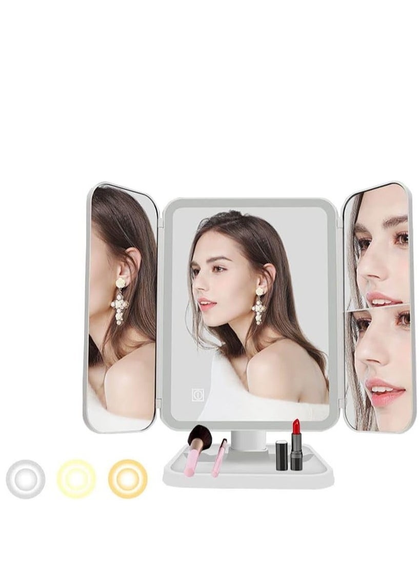 LED Makeup Mirror with 3 Color Lighting Modes, 52 LED Trifold Mirror, 1x/2x/3x Magnification, Touch Control Design, Portable High Definition Cosmetic Lighted Up Mirror - Perfect for Makeup, Skincare & Beauty