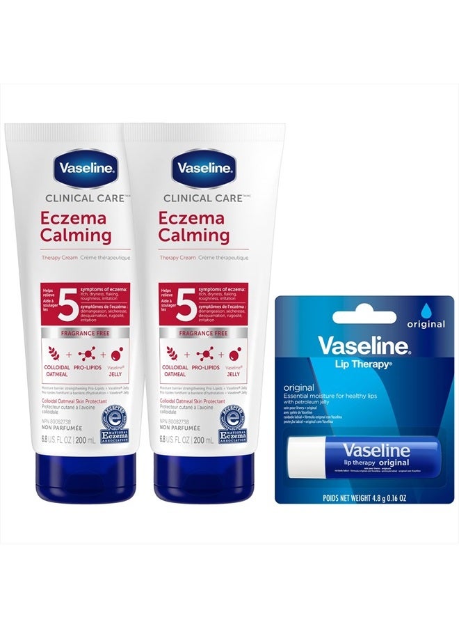 Eczema Lotion, Calming Therapy Cream 2-Pack with Colloidal Oatmeal + Original Vaseline Lip Therapy for Dry Lips with Petroleum Jelly (3 Piece Set)