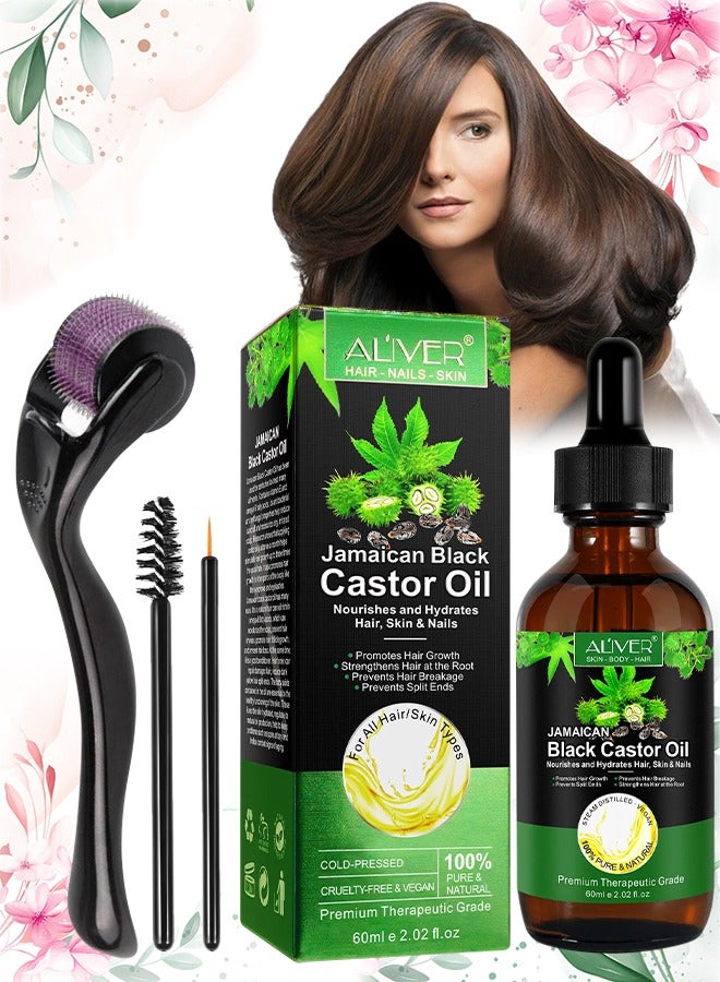 60ml Black Castor Oil with Roller for Hair Growth 100% Pure Cold Pressed Stimulate Growth for Hair Eyelashes Eyebrows Nails Skin Moisturizer Hair Oil and Body Oil Moisturizing Massage Oil