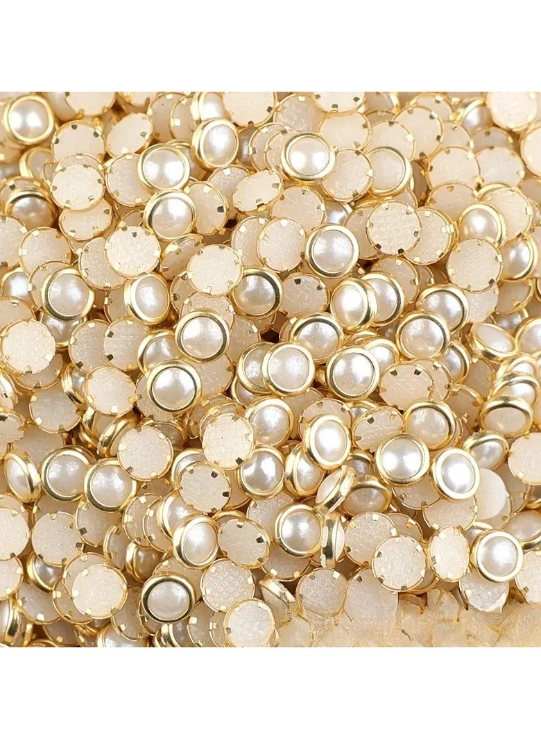 100pcs 4mm Edge-Rimmed DIY Nail Art Pearls, Half-Round Imitation Pearl Beads, Multi Color Pearl Nail Art Charms RICE WHITE