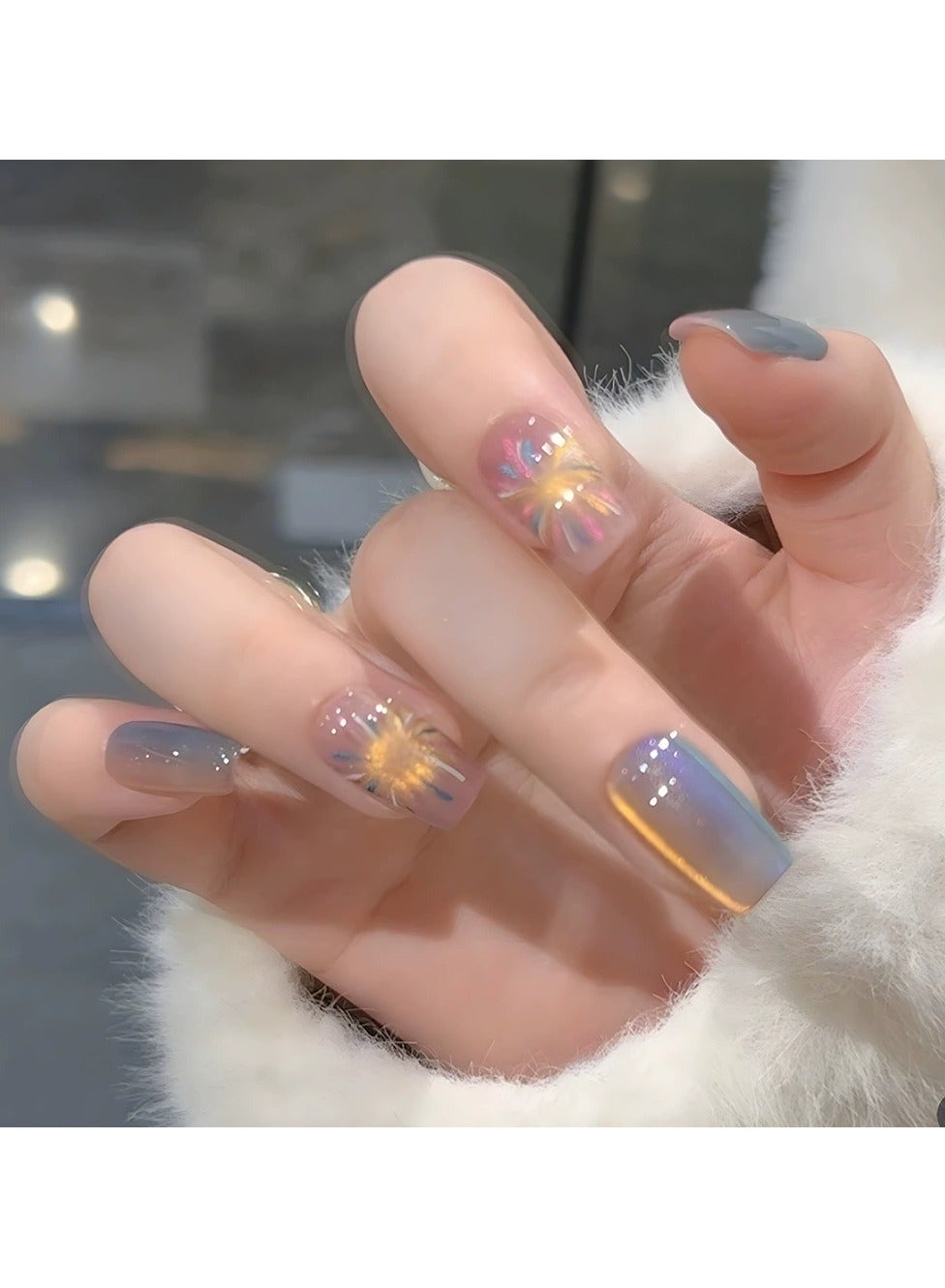 Short Press On Nails – Crystal Cat Eye Firework Design 30PCS Elegant Glossy Fake Nail Tips