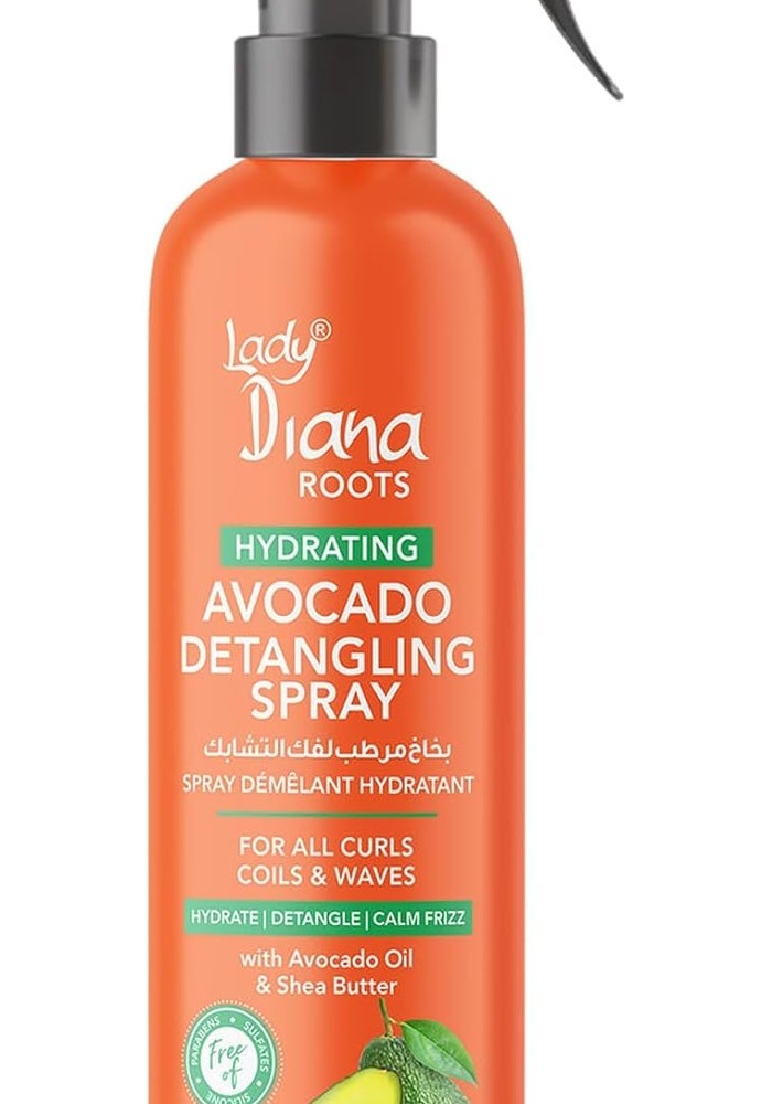 Lady Diana Roots Hydrating Avocado & Shea Butter Detangling Spray 250ml - Nourishing Leave-In Conditioner for Curly, Coily, and Wavy Hair