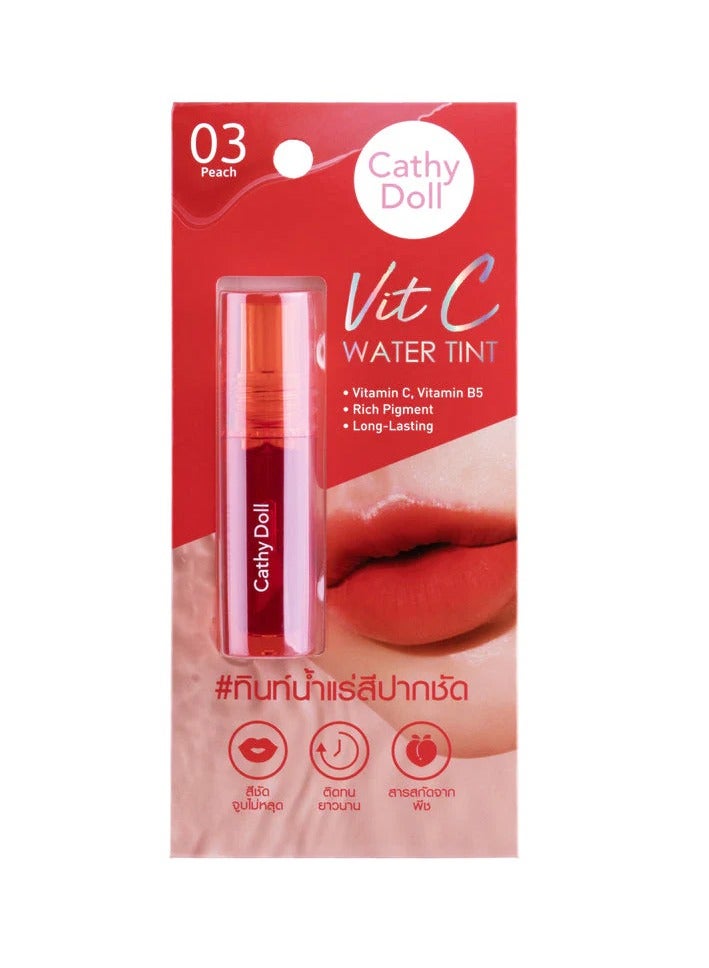 Cathy Doll Vit C Water Tint (03 Peach) – 2.8g Long-Lasting, Hydrating Lip Stain with Vitamin C & B5