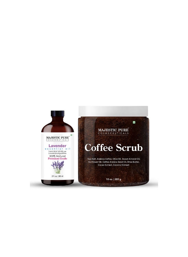 Pack of 2 Lavender Essential Oil 60ml & Coffee Body Scrub 118ml | Aromatherapy & | Exfoliating Skin Care Combo