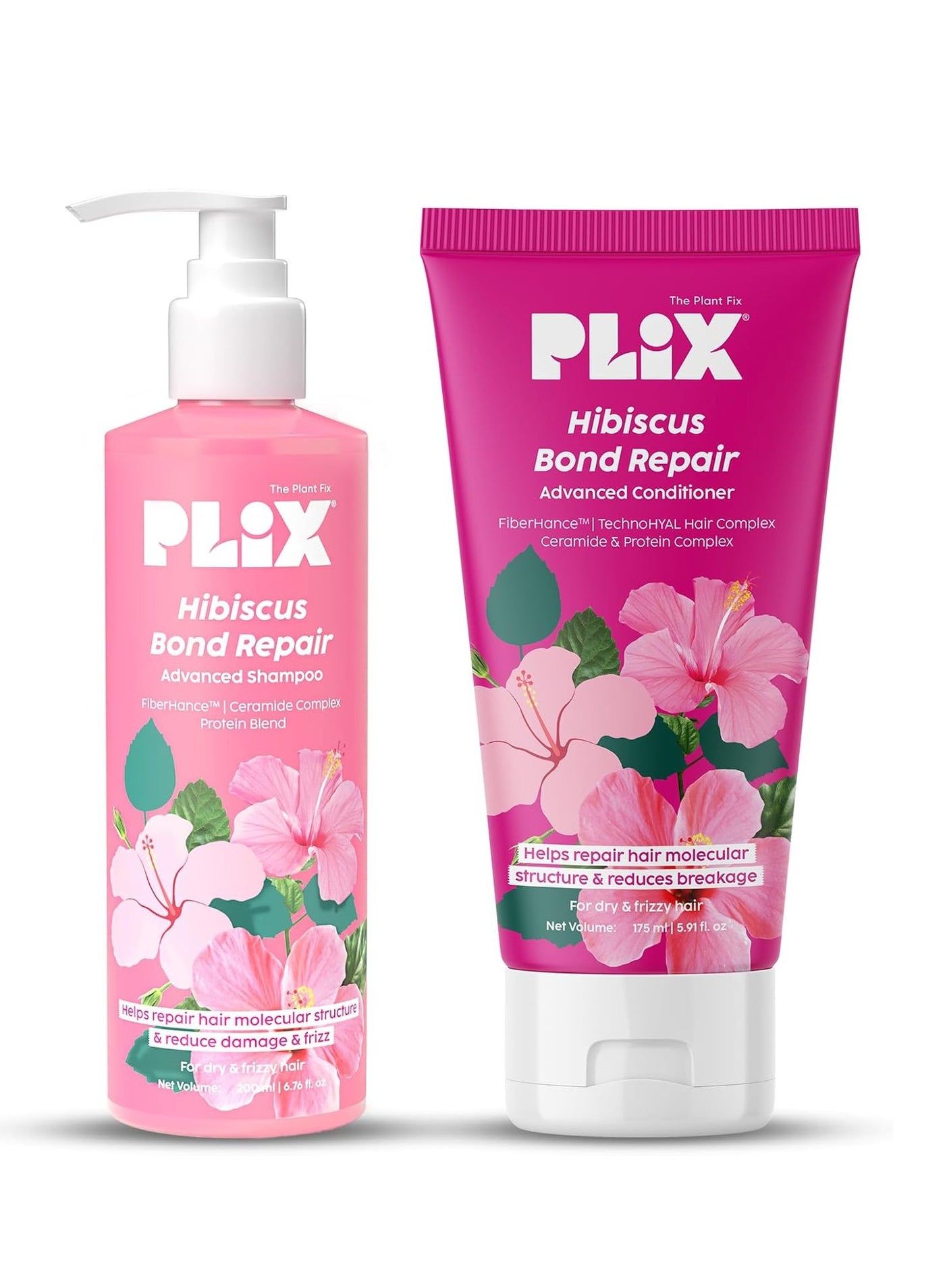 Hibiscus Bond Repair Shampoo (200ml) + Conditioner (175ml) Repairs Molecular Structure & Reduces Breakage FiberHance & TechnoHYAL Hair Complex