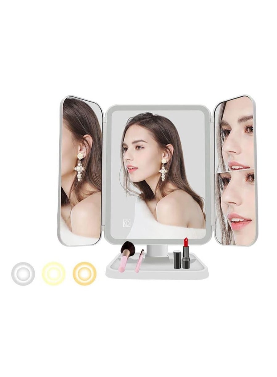 LED Makeup Mirror with 3 Color Lighting Modes – 52 LED Trifold Mirror, Portable High Definition Light-Up Cosmetic Mirror, 1x/2x/3x Magnification, Touch Control Design for Flawless Makeup