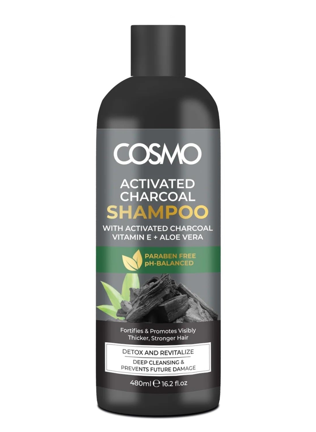 Cosmo Activated Charcoal Shampoo 480ml, With Vitamin E + Aloe Vera, Ph-balanced Detox and Revitalization, Deep Cleansing, Oil Free, Dandruff Free, Scalp for Nourished Hair, Paraben Free, Hair Regrowth