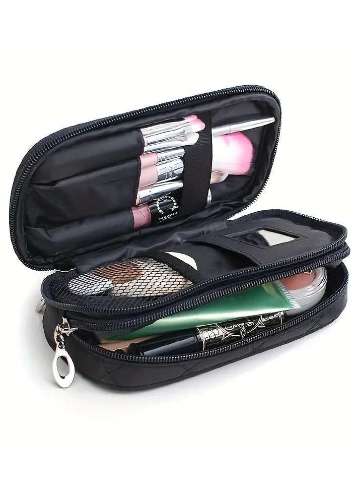 Women Mirror Cosmetics Bag Travel Organizer Makeup Bag Mini Clutch Cosmetologist Cases Nylon Waterproof Toiletry Pouch Box Black