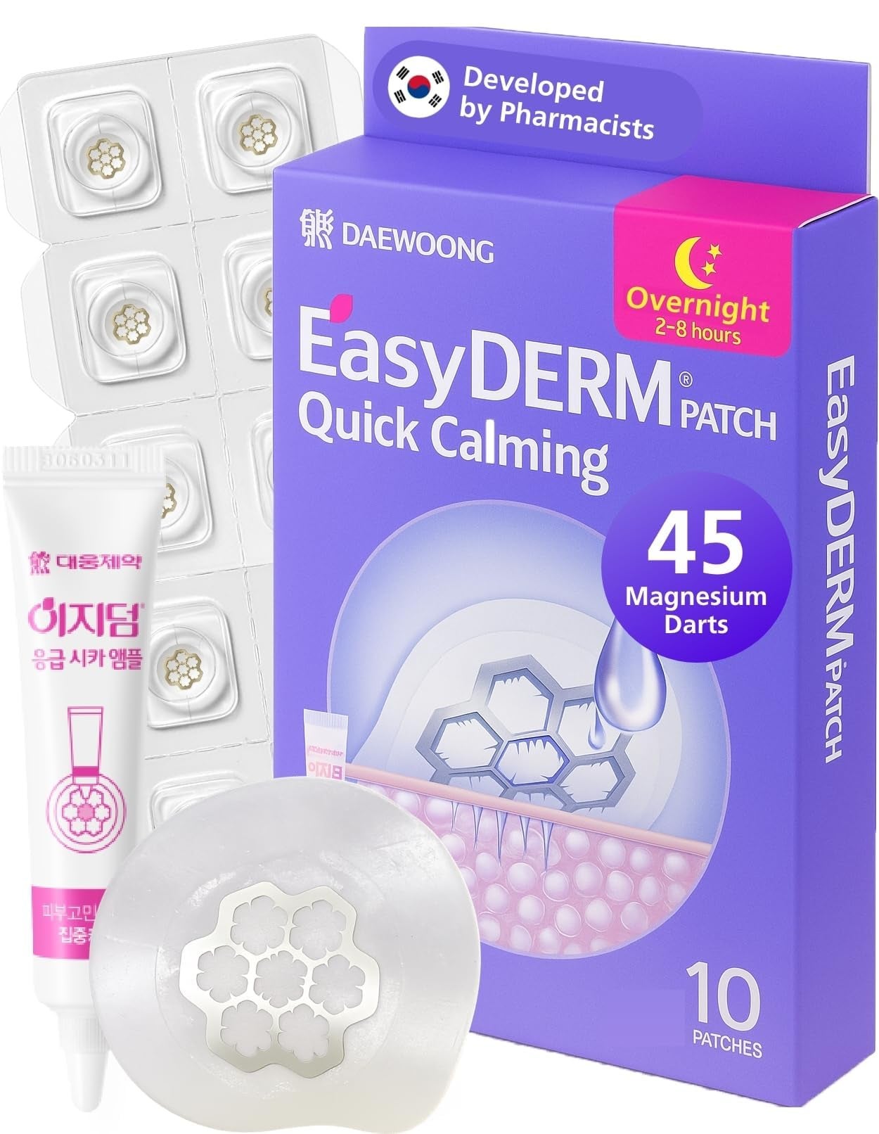 DWEasyDerm EasyDerm Quick Calming Magnesium Patches â€“ Hydrocolloid Acne Spot Treatment Includes Tweezers & Ampoule, 10 Patches, Zit Sticker, Made by Daewoong Pharmaceutical