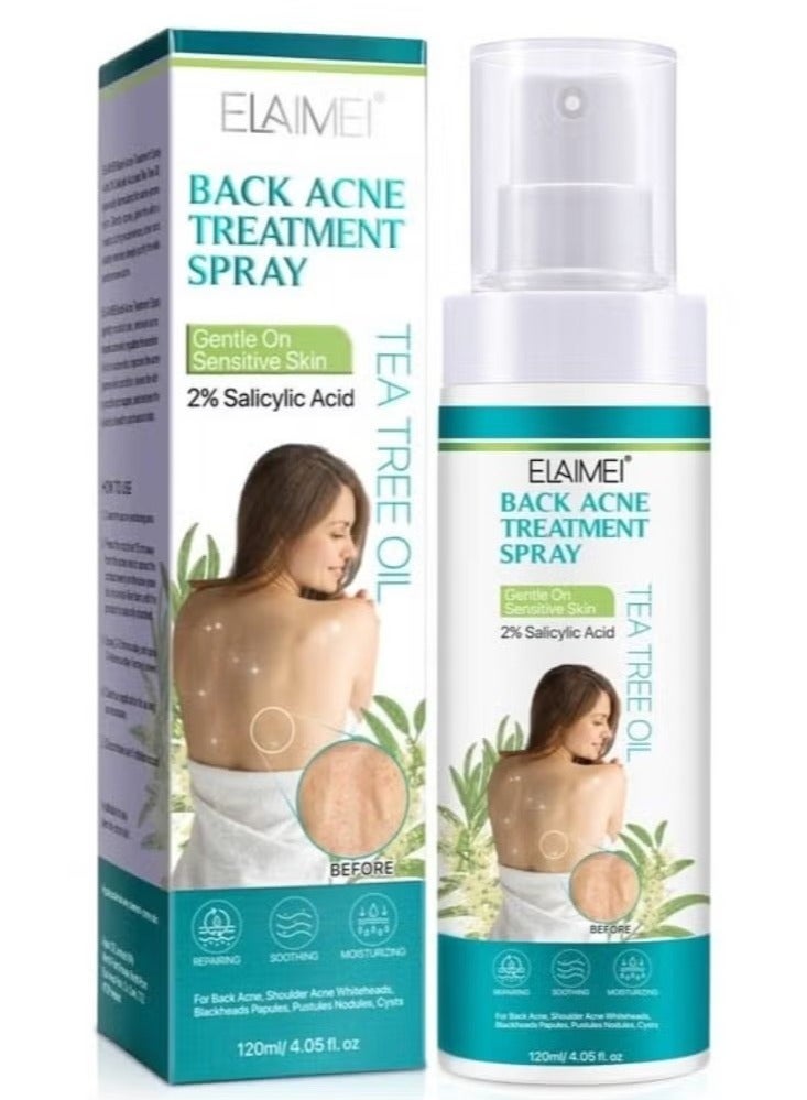 120ml Back Acne Treatment Spray 2% Salicylic Acid Body Acne Treatment with Herbal Formula Back Acne Solution Tea Tree Oil Spray Soothing and Moisturizing Spray for Sensitive Skin Back Acne Spray