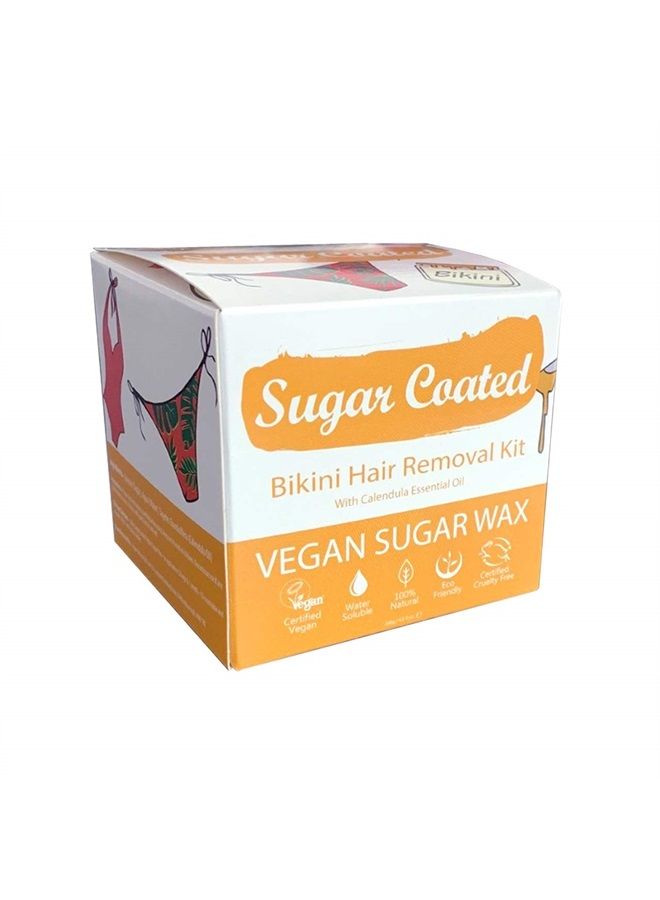 Sugar Coated Hair Removal Wax Kit for Bikini Line, Sugar Wax for Bikini Area with Wax Strips, Gentle and Non-Damaging Waxing Kit, Contains Essential Calendula Oil to Calm Skin 200g