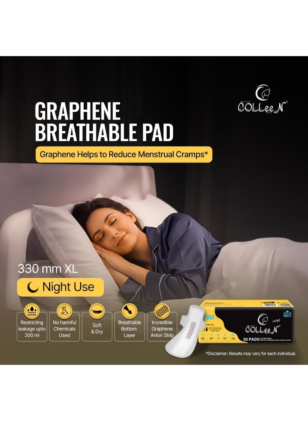 COLLEEN PREMIUM GRAPHENE ANION SANITARY NAPKINS XL+ 330mm ||30 pad- pack| heavy flow sanitary pads |over Night use - image 5