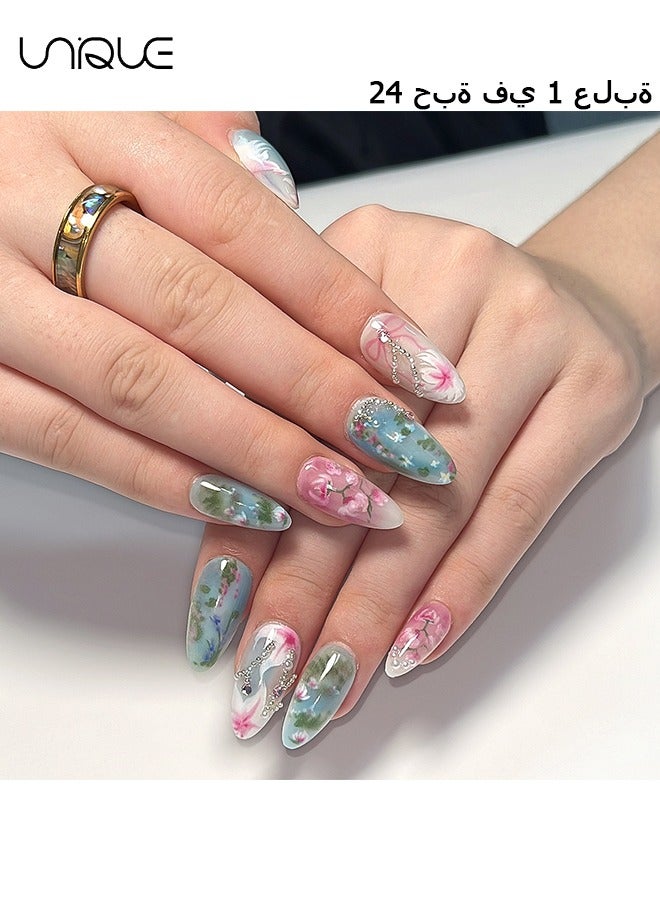 24Pcs Fake Nails, Press Nails, Mid-Almond Manicure - Pastoral style Manicure - Fresh Flower Diamond Pearl Manicure - Fake Nail Patch