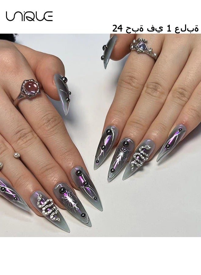 24Pcs Fake Nails, Press Nails, Long Almond Manicure -  Dark Butterfly Nail Art - Serpentine Dot Diamond Manicure - Fake Nail Patch