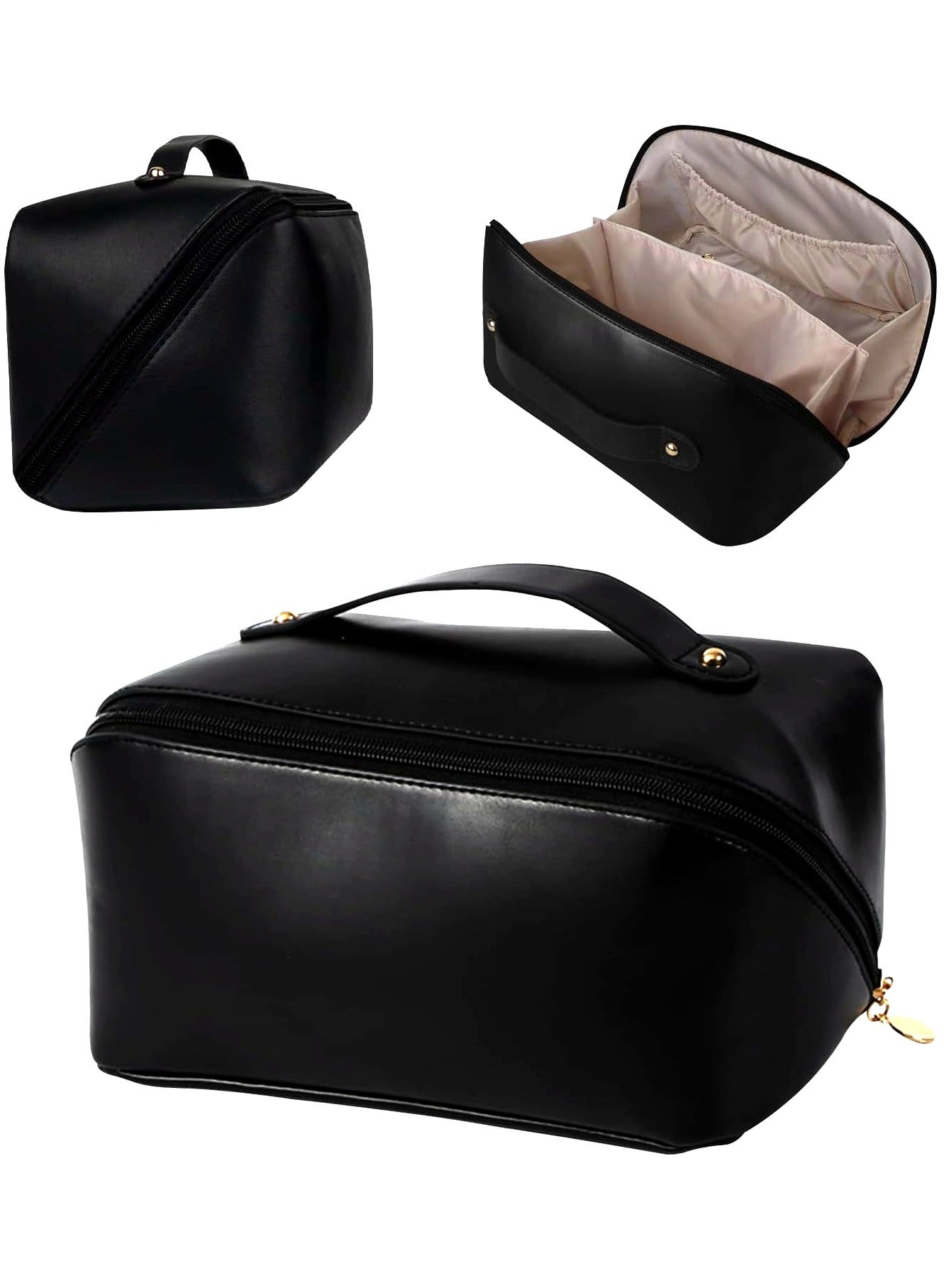Large Capacity Travel Cosmetic Bag, Multifunctional Storage Makeup Bag PU Leather Makeup Bag, with Handle and Divider Travel Cosmetic Bags for Women (Black)
