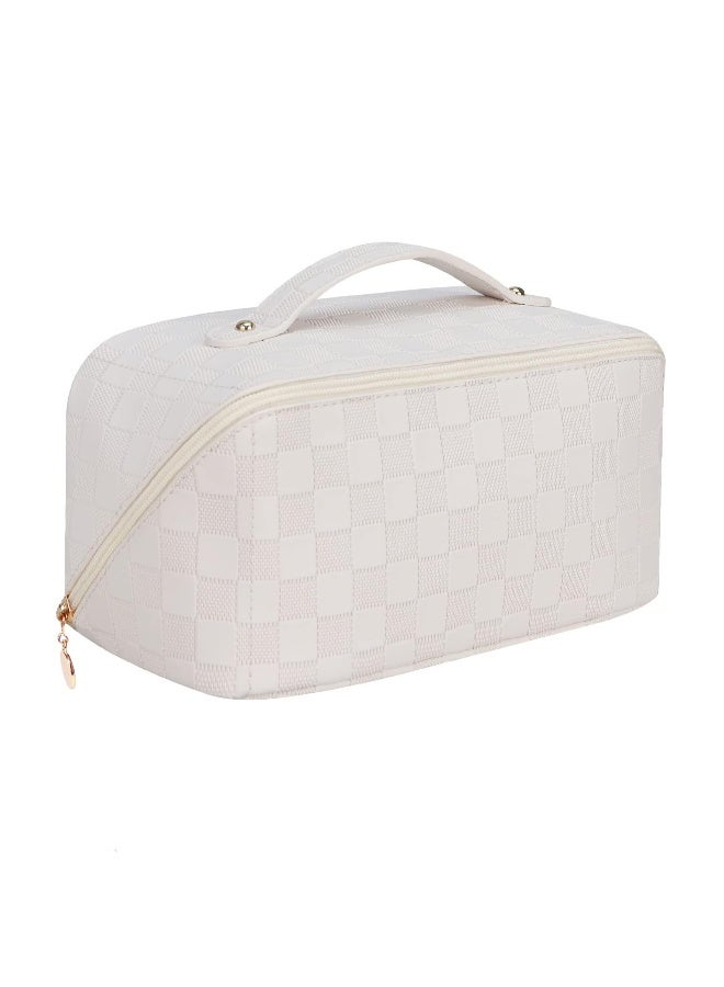Large Capacity Travel Cosmetic Bag Portable Makeup Bags for Women Travel Toiletry Bag Waterproof Leather Checkered Makeup Organizer Bag, Roomy Cosmetic Bag for Women and Girls