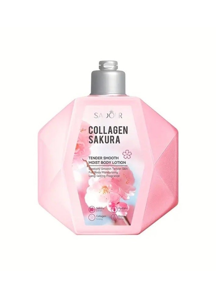 Collagen Sakura Body Lotion, 300ml Hypoallergenic Moisturizing Cream with Hyaluronic Acid and Glycerin for All Skin Types, Cherry Blossom Scented, Improves Dry Skin, Suitable for Dark Skin Tone