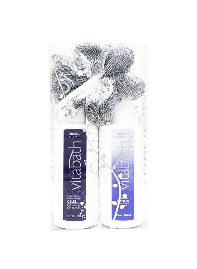 Orchid Intrigue Everyday Skincare Set Moisturizing Shower Gel Wash, Reviving Lotion & Exfoliating Body Scrubber Pouf - Alluring Foam Cleanser & Dry Skin Hydration for Women & Men