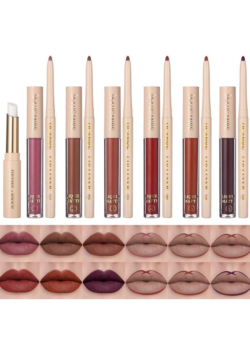 UCANBE Matte Lip Gloss + Lip Liner + Primer Set (6+6+1)