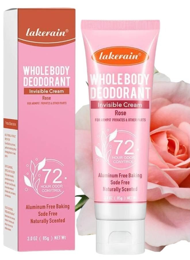 85g Whole Body Deodorant Invisible Cream Tube Armpit Deodorant Cream for 72 Hour Odor Control Rose Deodorant Antiperspirant Clear Gel Baking Soda Free Natural Skin Care Cream