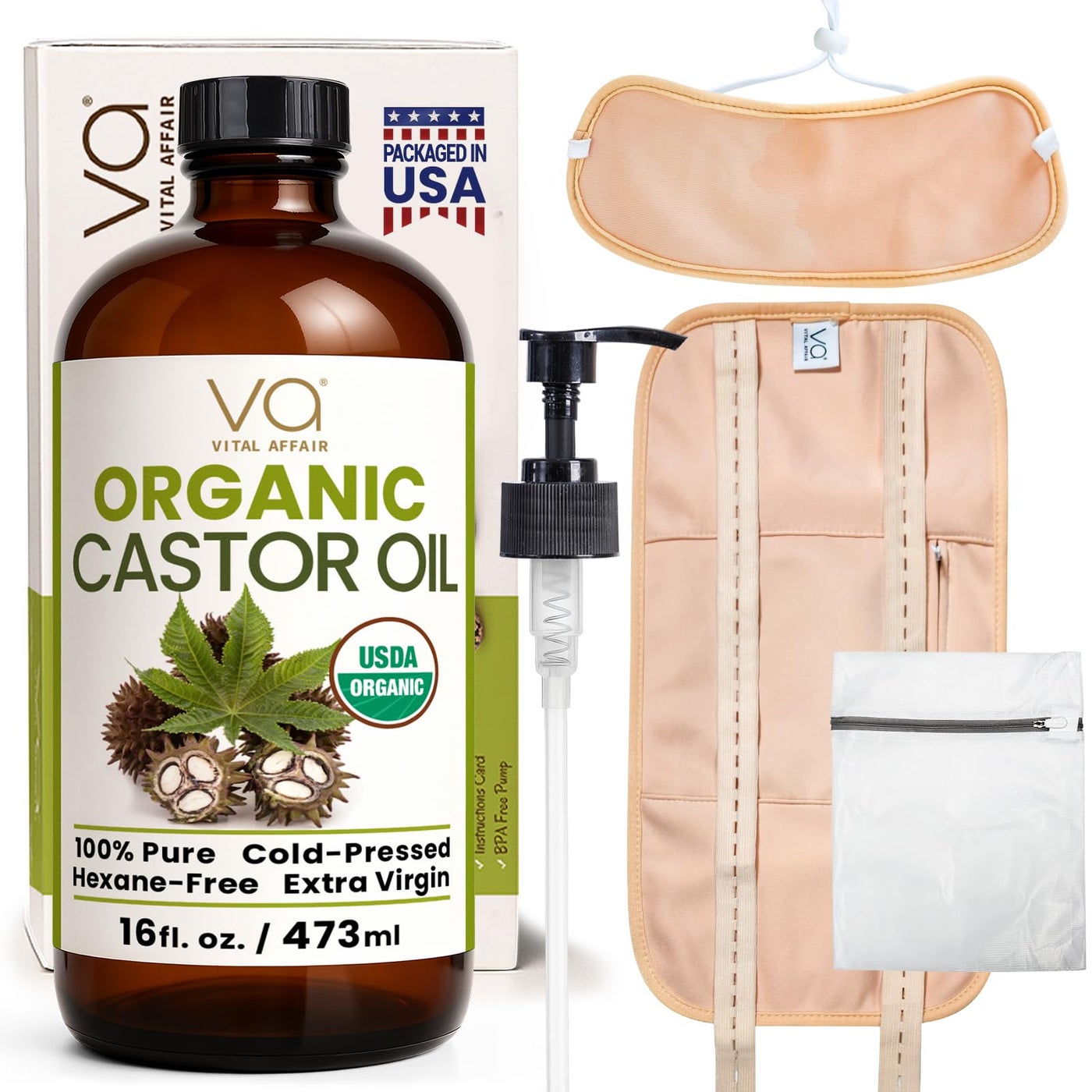 Castor Oil Pack Wrap Kit â€“ USDA Organic, 16 oz Cold-Pressed Hexane-Free Castor Oil in Glass Bottle | Adjustable Cotton Flannel Waist & Neck Wraps | Made in USA | Liver, Abdominal & Detox Therapy