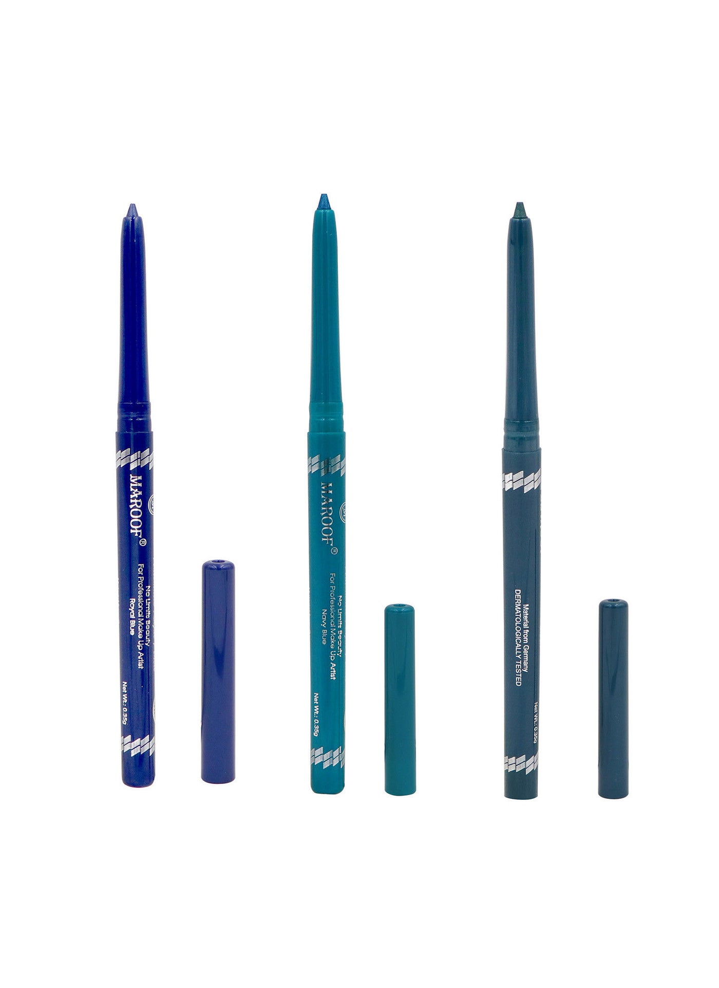 MAROOF 24 Hours Long Lasting Water Proof Automatic Retractable Kajal Eye Pencil Baby Blue/Green/Royal Blue Pack of 3