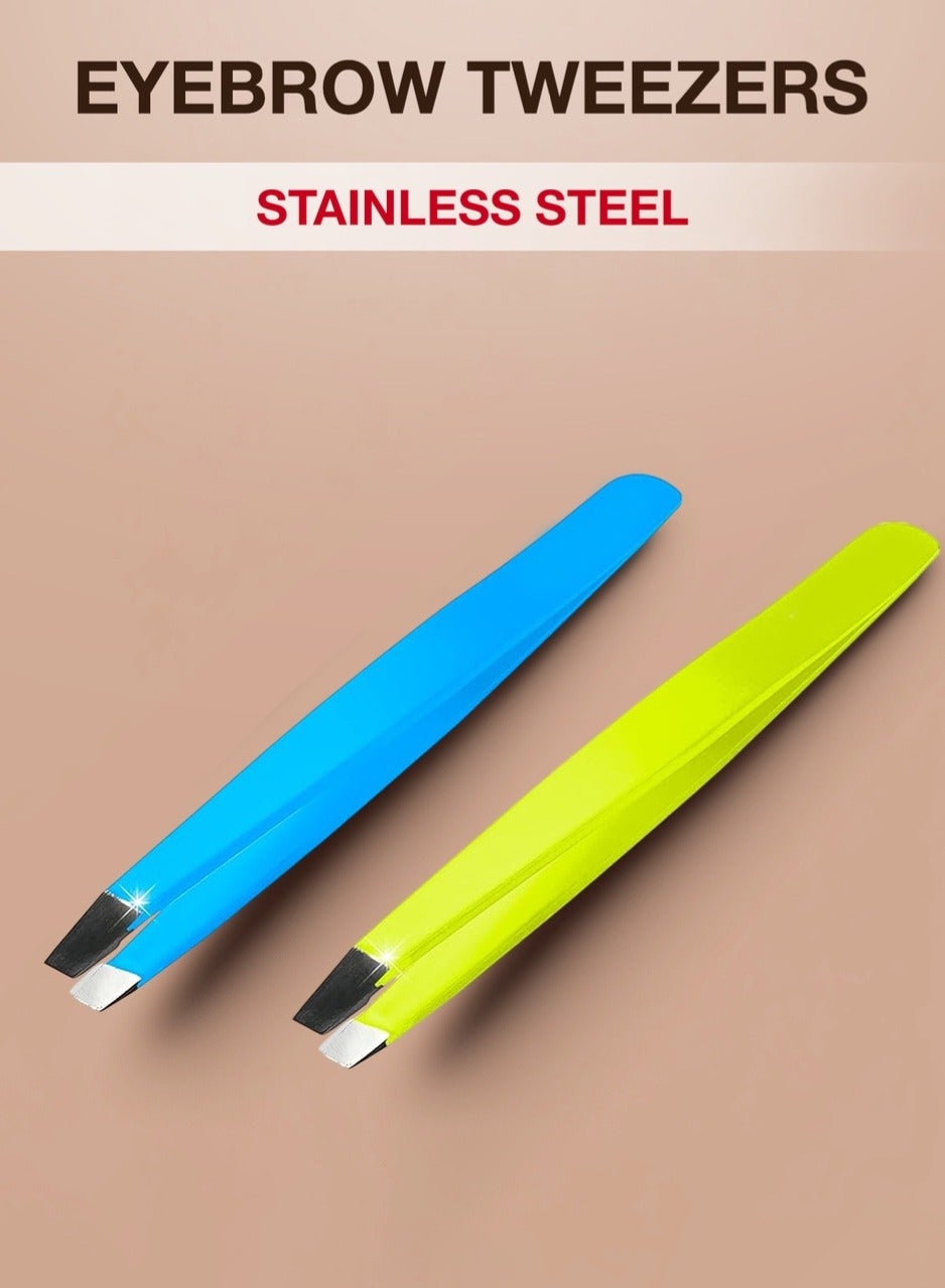 Flario Professional Eyebrow Tweezers, Tweezers for Men, Women and Children, with Angled Tip for Easy Plucking of Ingrown Hairs, Stainless Steel (Blue & Yellow)