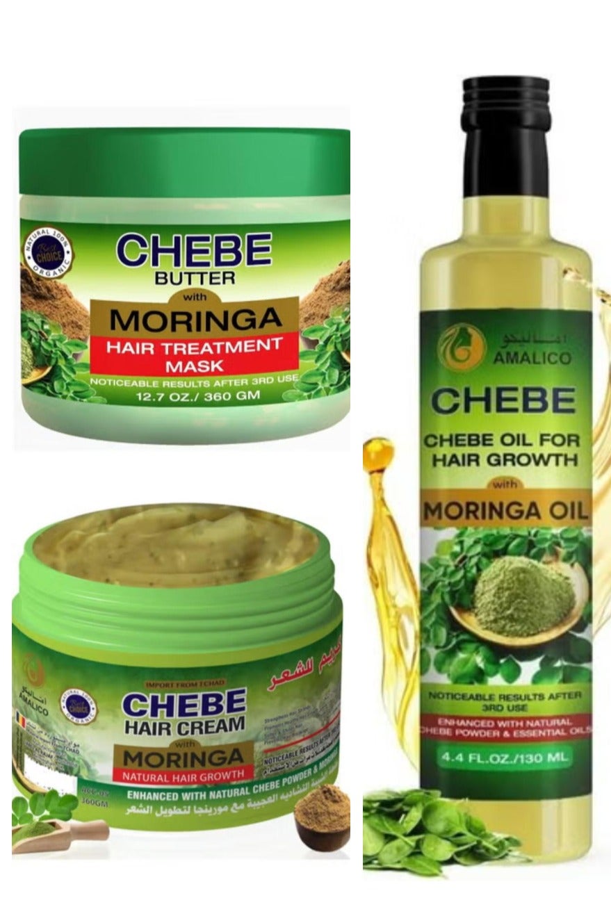 Set Of 3 Pcs Moringa With Chebe Powder For Hair Growth Hair Traitment Mask 360 g+ Leave-in Hair Cream 360 g + 2 in 1 Moringa Hair Oil 130 ml