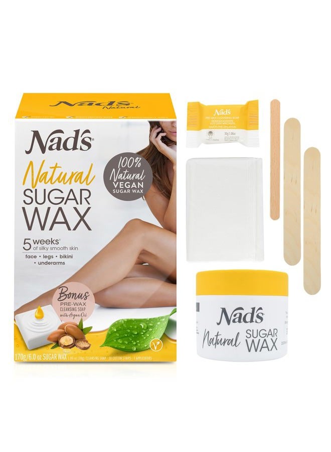 100% Natural Sugar Wax Kit, Vegan, Hypoallergenic, No-heat Formula Waxing Sugar Paste, Includes 6 Wooden Spatulas, 10 Reusable 100% Cotton Strips, 1 Pre-wax Cleansing Soap & Sugar Wax 6oz