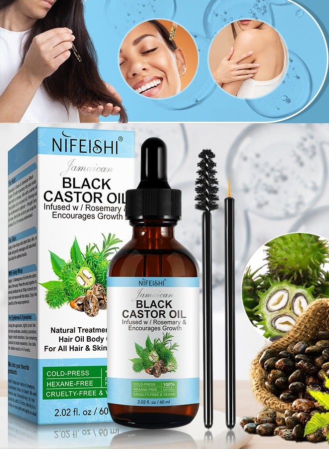 60ml Jamaican Black Castor Oil Infused with Rosemary for Hair Growth 100% Pure Organic Cold Pressed Castor Rosemary Oil for Hair Growth Eyelash Eyebrow Growth Body & Skin Care Oil