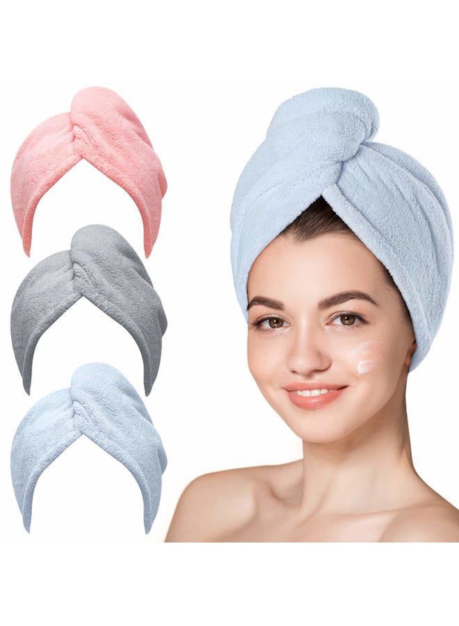 Microfiber Hair Towel, 3 Packs Hair Turbans for Wet Hair, Drying Hair Wrap Towels for Curly Hair Women Anti Frizz (Blue,Grey,Pink)