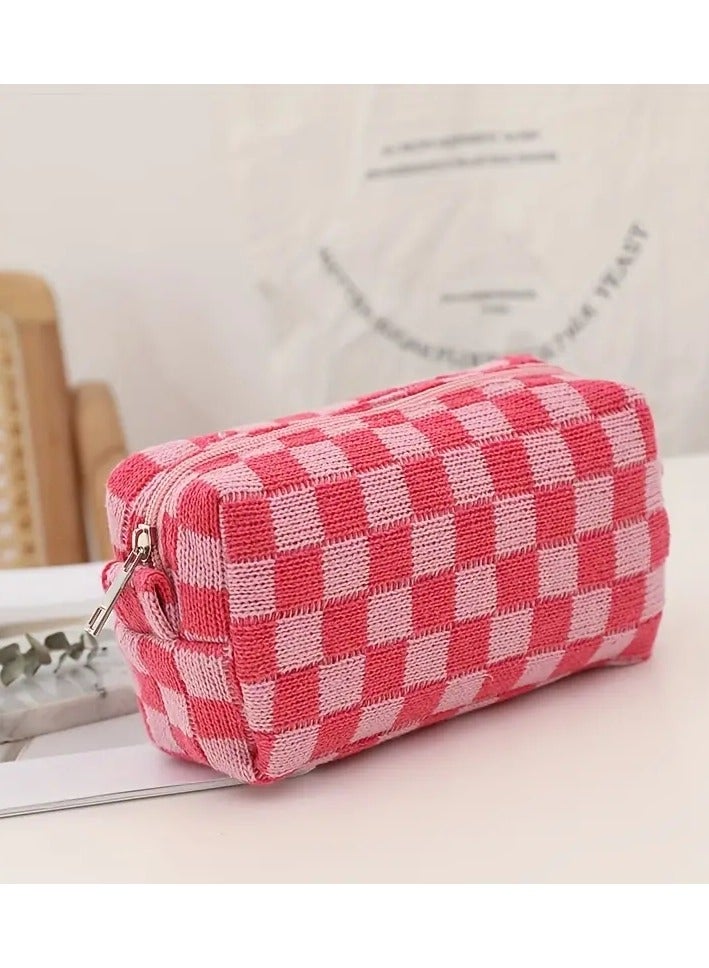 Checkered Kinitted Cosmetic Bag Makeup Pouch Roomy Zipper Pouch Portable Travel Toiletry Bag Organizer - Pinkling