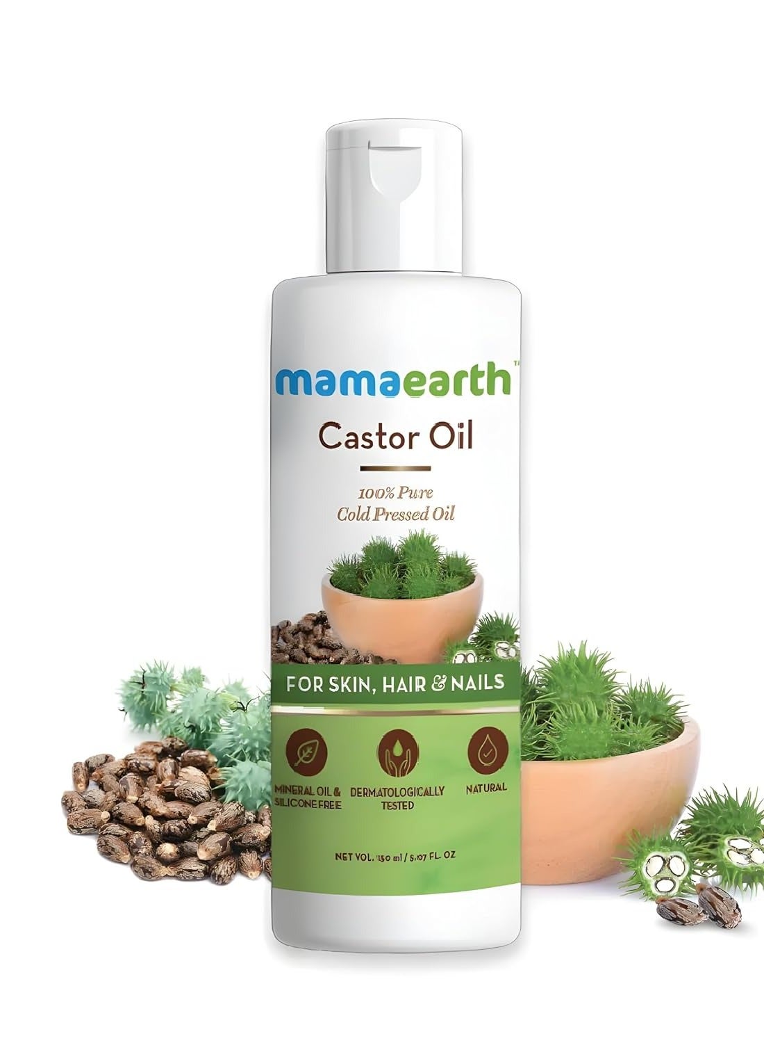 Mamaearth Castor Oil with 100% Pure Cold Pressed Castor Oil For Skin, Hair & Nails - 150 ml | Hydrates & Nourishes Skin | Promotes Hair Growth & Strengthens Hair | Strengthens Nails | Eyebrow & Eyelash Growth