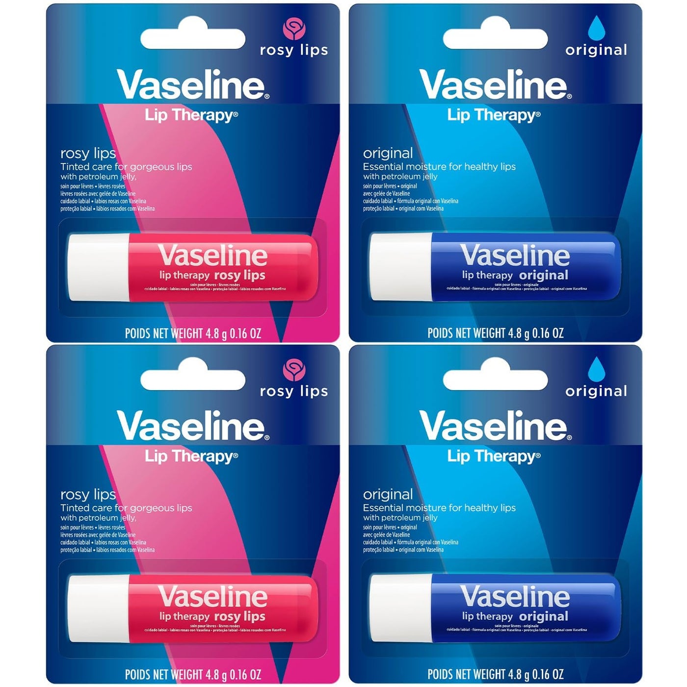 Vaseline Lip Therapy Variety 4-Pack â€“ Original + Rosy Lips Moisturizing Lip Balm with Vitamin E, 0.16 Oz Ea