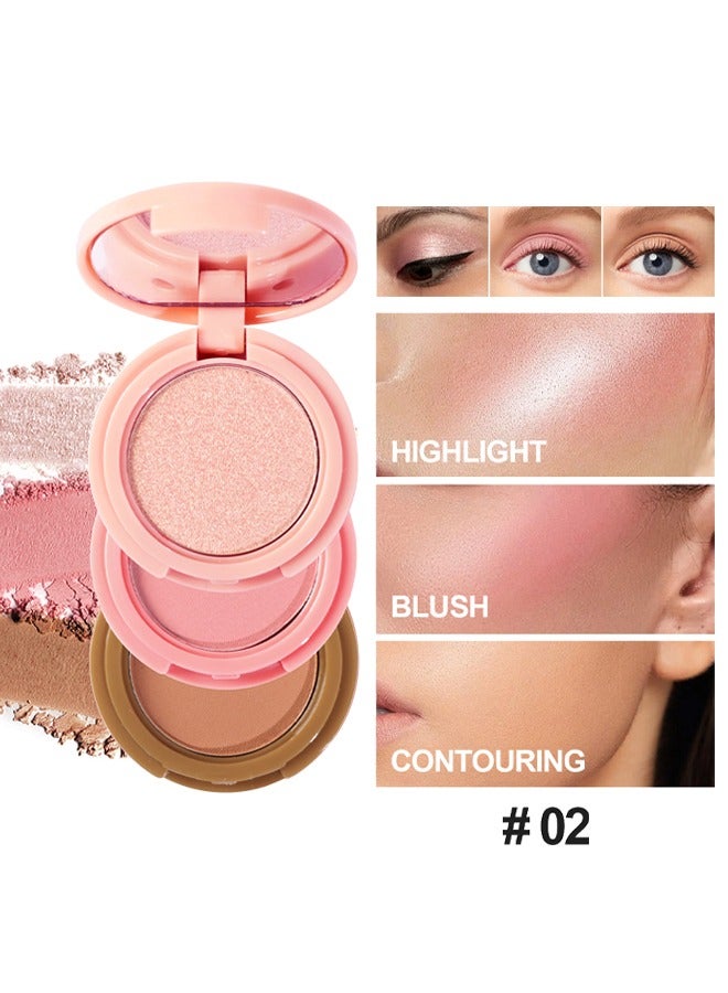 Glow Up-3 In 1 Highlight+Blush+Contouring Powder Cheek For Face Blush Bronzer Palette Long-Lasting, Ultra-Thin, Natural And Bright Color Cushion Applicator Blendable Natural Makeup Face Blush #02