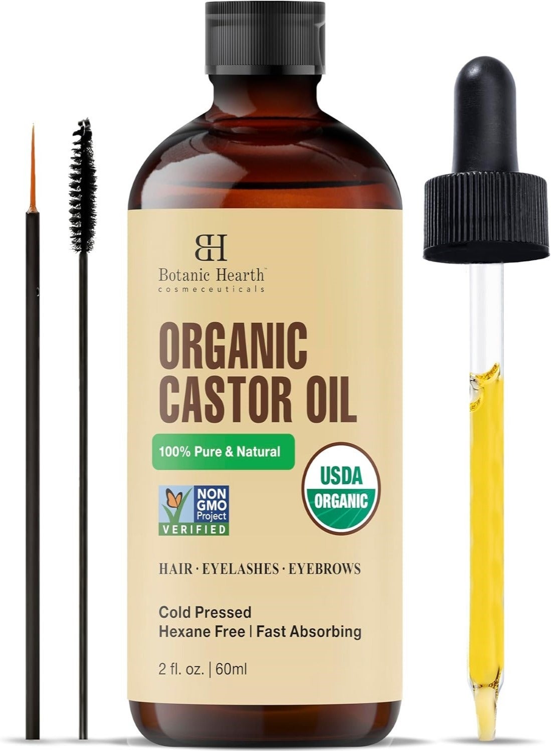 Pack of 2 Organic Castor Oil 60ml | USDA Certified Organic | 100% Pure | Cold Pressed | Hexane Free | Hair Growth Oil for Hair, Eyelashes, Eyebrows, Scalp & Nails - image 2
