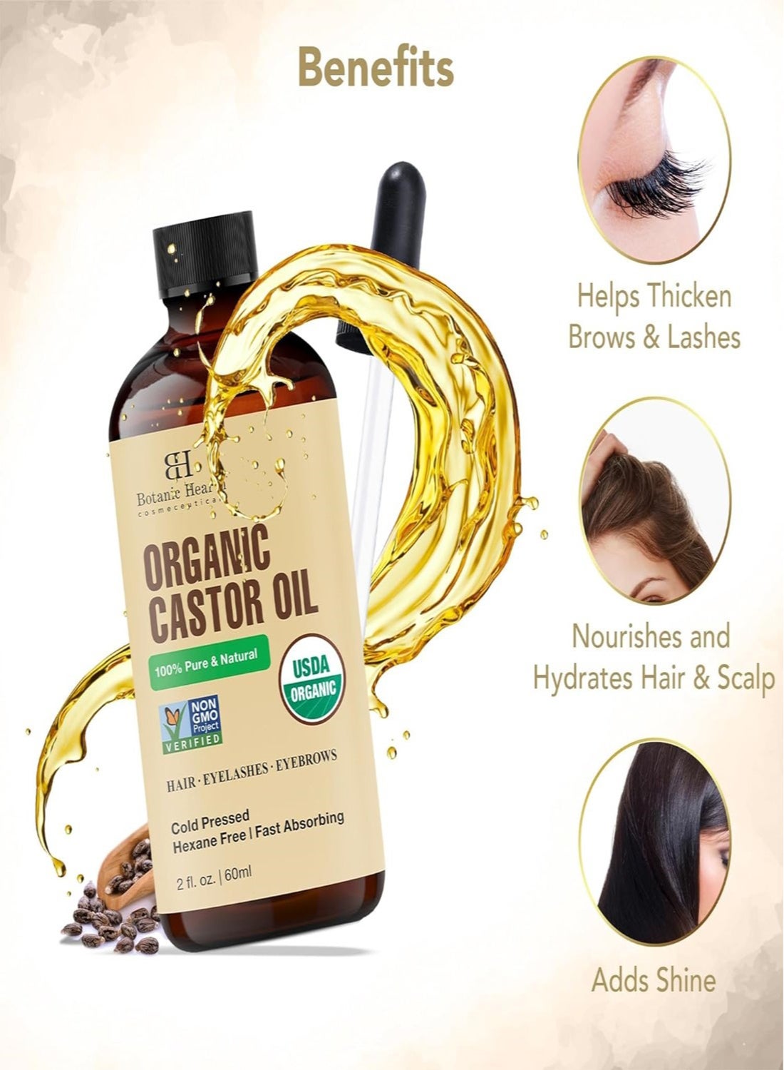 Pack of 2 Organic Castor Oil 60ml | USDA Certified Organic | 100% Pure | Cold Pressed | Hexane Free | Hair Growth Oil for Hair, Eyelashes, Eyebrows, Scalp & Nails - image 3