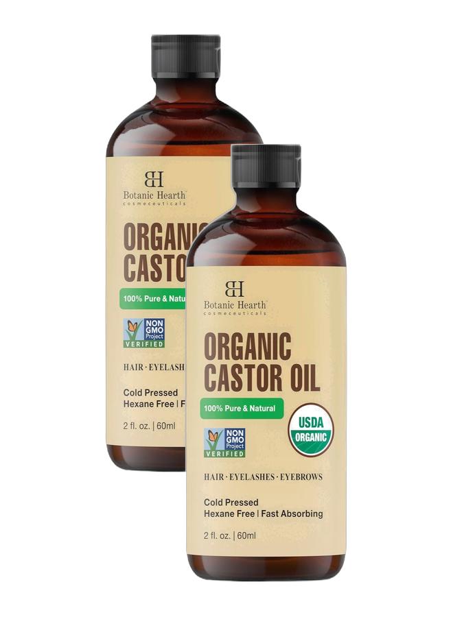 Pack of 2 Organic Castor Oil 60ml | USDA Certified Organic | 100% Pure | Cold Pressed | Hexane Free | Hair Growth Oil for Hair, Eyelashes, Eyebrows, Scalp & Nails