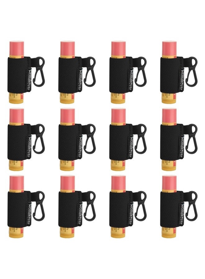12 Pack Compact Clip-On Chapstick Holder Keychain in 12 Colors,Lip Balm Sleeves with Clip, Fits Most Standard Lip Balm,Tight-Knit Elastic Lip Balm Keychain Holder (Black)