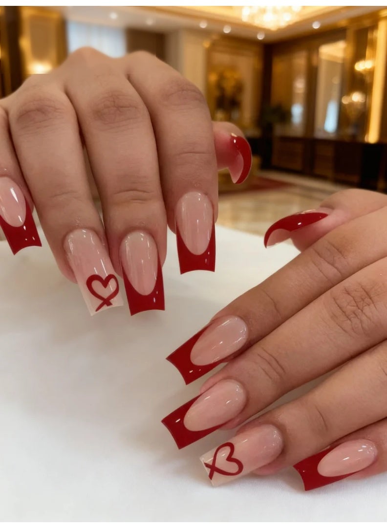 Red French Tip Press On Nails with Nude Pink Gradient for Women, Glossy Artificial Nails with Heart Line Design, Classic Romantic Fake Nails for Daily Wear, Date Night, Party, Valentine Style, Elegant French Nail Look with Bold Red Edge