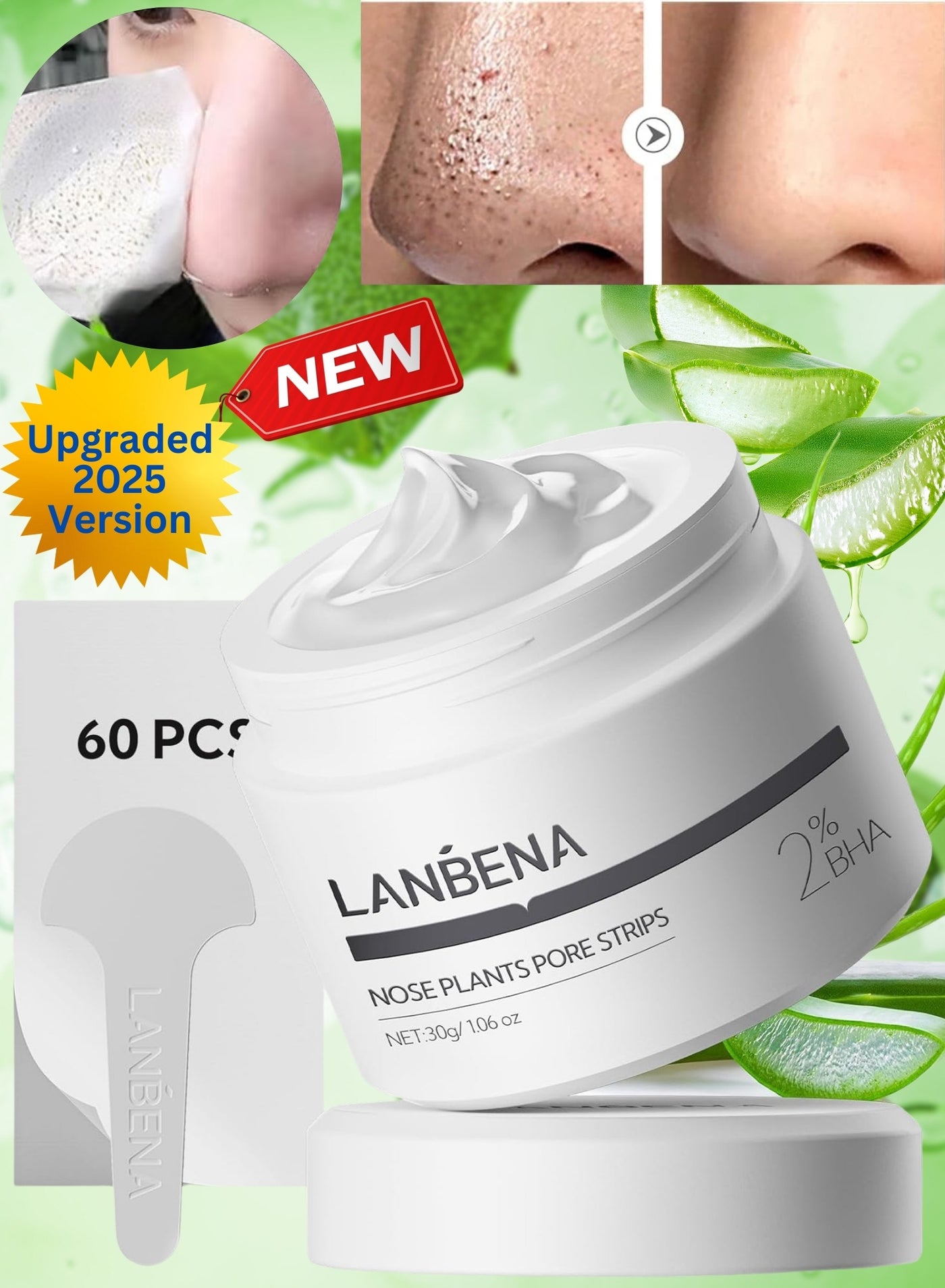 Nose Plants Pore Strips 2.0,Upgraded Blackhead Remover Mask with Salicylic Acid, Amazonian White Clay, Pore Cleanser Purifying Peel off Face Mask with 60 PCS Strips, Peel Off  Mask Nose Strips Aloe Facial Mask 30g