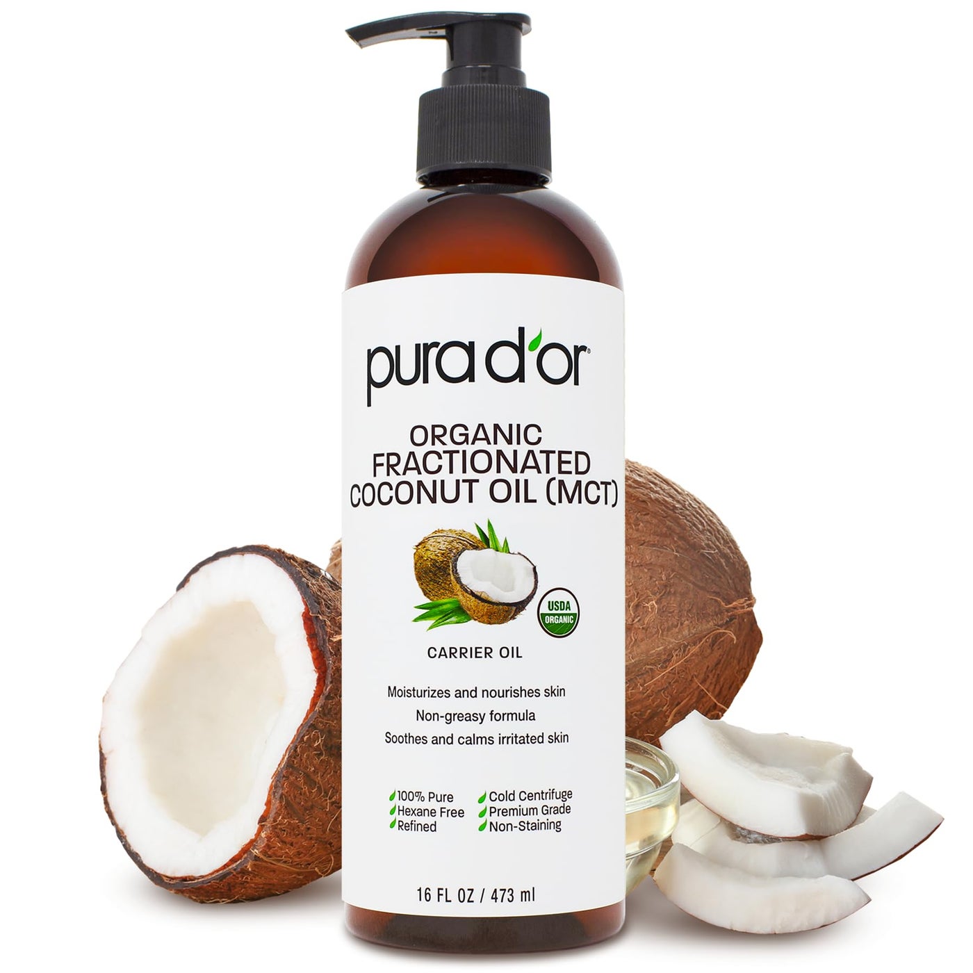 PURA D'OR 16 Oz ORGANIC Fractionated Coconut Oil â€“ USDA Certified â€“ MCT Oil â€“ Therapeutic, Hydrating, Lightweight Moisturizer â€“ Hexane Free Carrier Oil For Essential Oils & Massage â€“ Face, Hair & Body