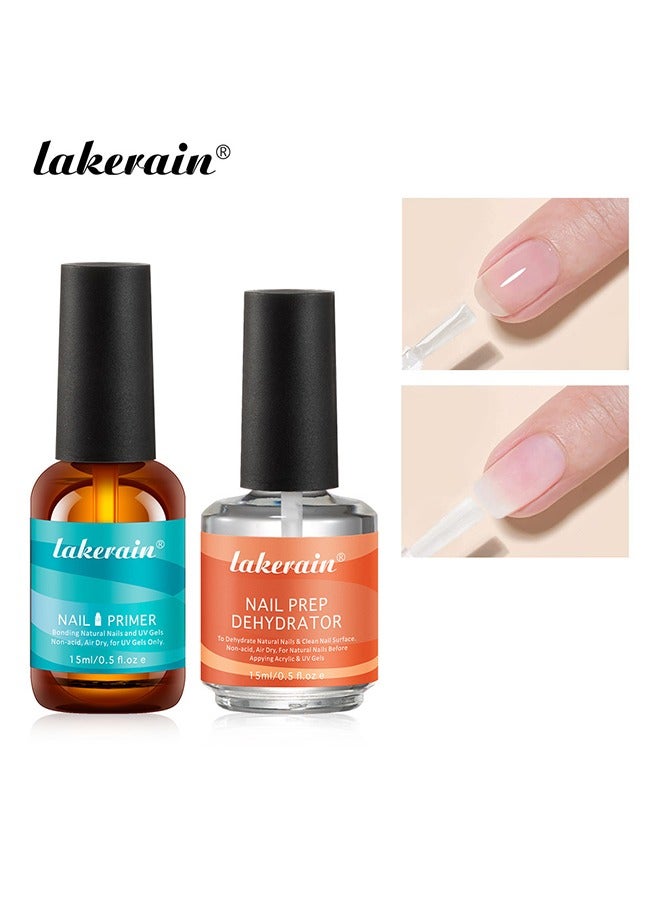 Nail Dehydrator and Primer, 2 Pcs 15ml Gel Nail Polish Acid Free Natural Nail Prep Dehydrate & Bond Primer Nail Bond, Air Dry Superior Bonding Primer for Acrylic Powder Nail Supplies Set